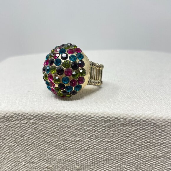 Rainbow Multicolor Disco‎ Ball Cocktail Ring Stretch Band Gold-Tone - Picture 1 of 10